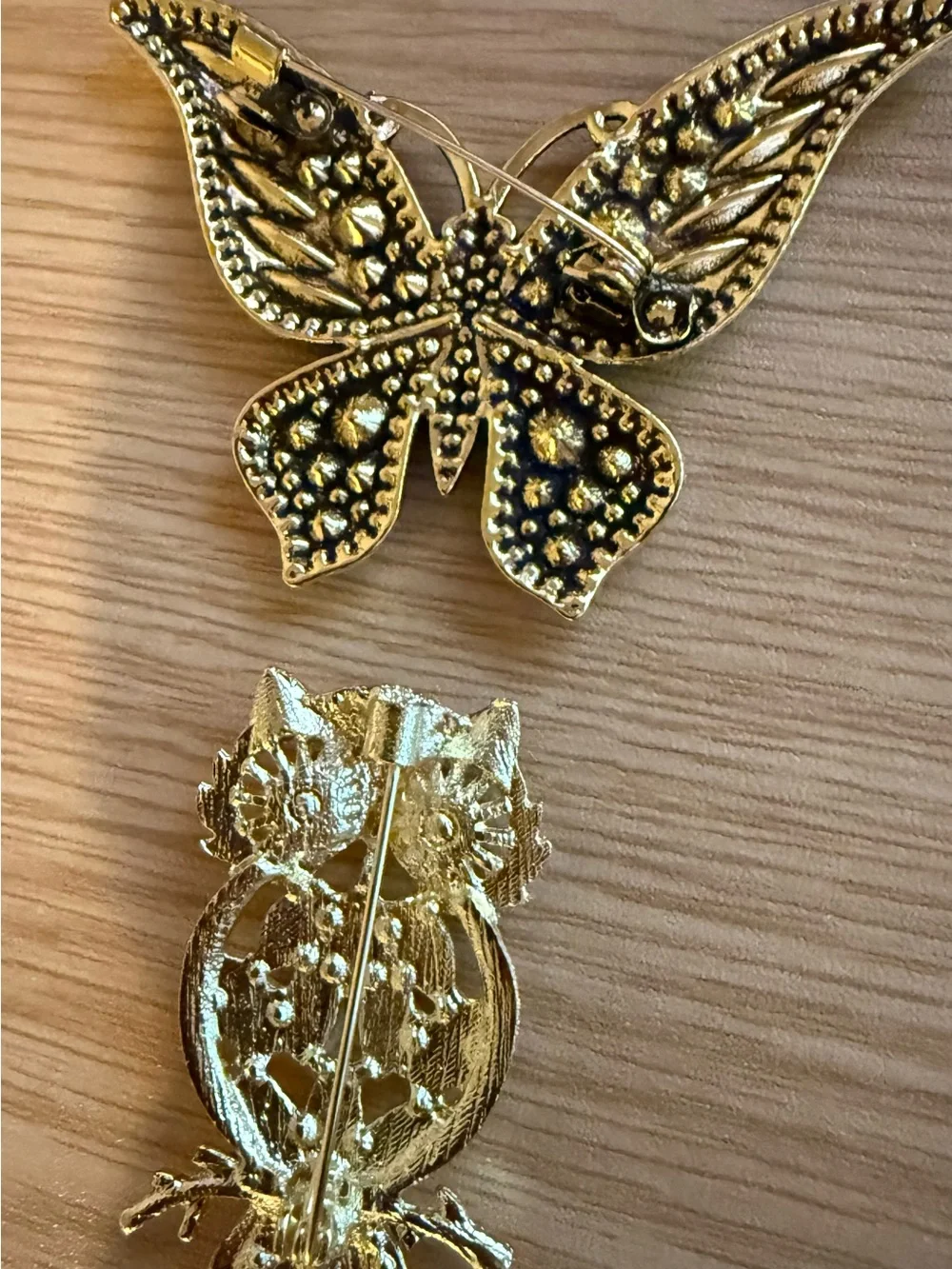 Blue Crystal Butterfly & Gold Owl Brooch 2 Pieces Rhinestone New